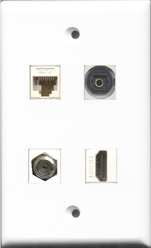 RiteAV 1 Port HDMI and 1 Port Coax Cable TV- F-Type and 1 Port Toslink and 1 Port Cat6 Ethernet White Wall Plate