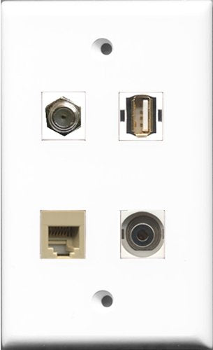 RiteAV 1 Port Coax Cable TV- F-Type and 1 Port USB A-A and 1 Port Phone RJ11 RJ12 Beige and 1 Port 3.5mm Wall Plate