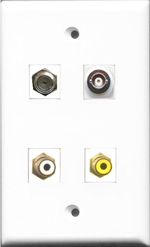 RiteAV 1 Port RCA White and 1 Port RCA Yellow and 1 Port Coax Cable TV- F-Type and 1 Port BNC Wall Plate