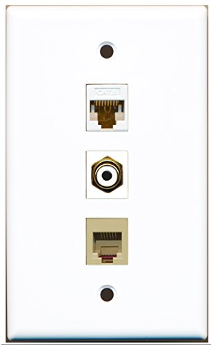 RiteAV - 1 Port RCA White and 1 Port Phone RJ11 RJ12 Beige and 1 Port Cat6 Ethernet White Wall Plate