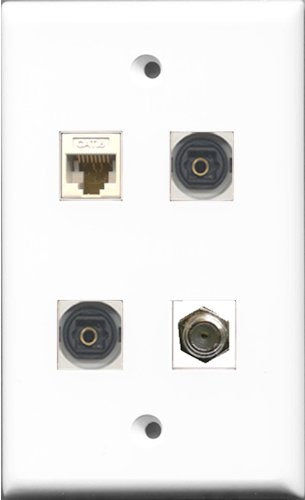 RiteAV 1 Port Coax Cable TV- F-Type 2 Port Toslink and 1 Port Cat6 Ethernet White Wall Plate