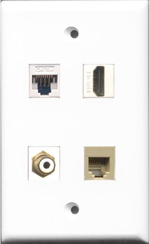 RiteAV - 1 Port HDMI and 1 Port RCA White and 1 Port Phone RJ11 RJ12 Beige and 1 Port Cat5e Ethernet White Wall Plate