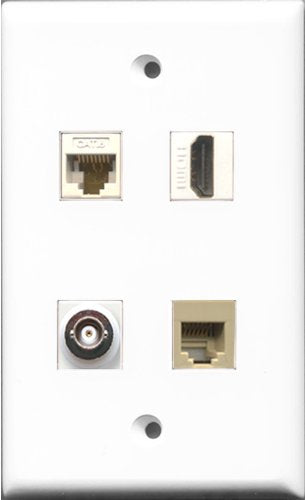 RiteAV 1 Port HDMI and 1 Port Phone RJ11 RJ12 Beige and 1 Port BNC and 1 Port Cat6 Ethernet White Wall Plate