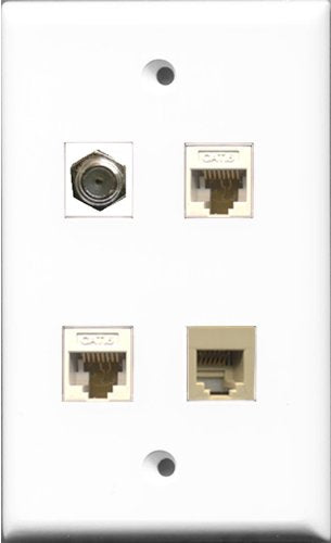RiteAV 1 Port Coax Cable TV- F-Type and 1 Port Phone RJ11 RJ12 Beige 2 Port Cat6 Ethernet White Wall Plate