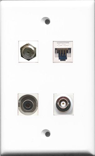 RiteAV 1 Port Coax Cable TV- F-Type and 1 Port 3.5mm and 1 Port BNC and 1 Port Cat5e Ethernet White Wall Plate