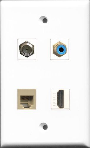 RiteAV 1 Port HDMI and 1 Port RCA Blue and 1 Port Coax Cable TV- F-Type and 1 Port Phone RJ11 RJ12 Beige Wall Plate