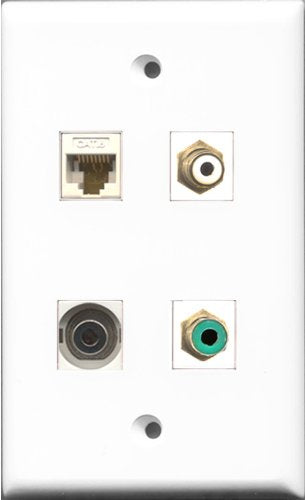 RiteAV 1 Port RCA White and 1 Port RCA Green and 1 Port 3.5mm and 1 Port Cat6 Ethernet White Wall Plate