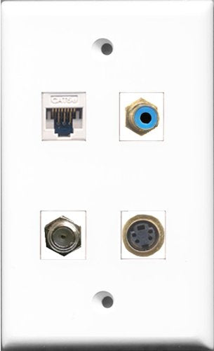 RiteAV 1 Port RCA Blue and 1 Port Coax Cable TV- F-Type and 1 Port S-Video and 1 Port Cat5e Ethernet White Wall Plate
