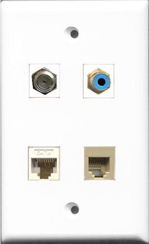 RiteAV 1 Port RCA Blue and 1 Port Coax Cable TV- F-Type and 1 Port Phone RJ11 RJ12 Beige and 1 Port Cat6 Ethernet White Wall Plate