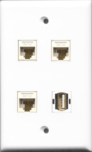 RiteAV 1 Port USB A-A 3 Port Cat6 Ethernet White Wall Plate