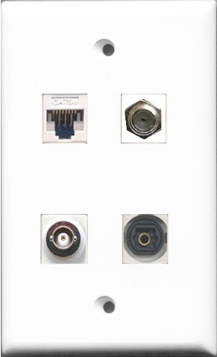 RiteAV - 1 Port Coax Cable TV- F-Type and 1 Port Toslink and 1 Port BNC and 1 Port Cat5e Ethernet White Wall Plate
