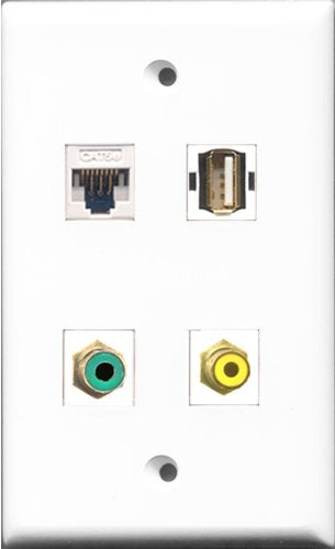 RiteAV 1 Port RCA Yellow and 1 Port RCA Green and 1 Port USB A-A and 1 Port Cat5e Ethernet White Wall Plate