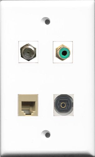 RiteAV 1 Port RCA Green and 1 Port Coax Cable TV- F-Type and 1 Port Phone RJ11 RJ12 Beige and 1 Port Toslink Wall Plate