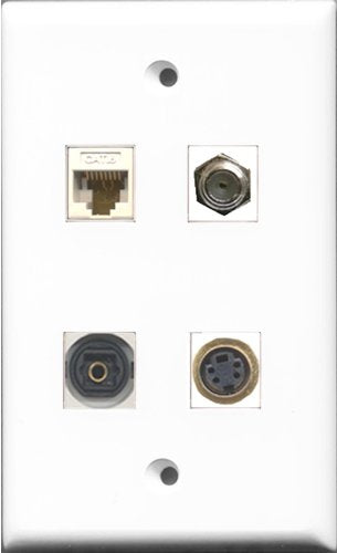RiteAV 1 Port Coax Cable TV- F-Type and 1 Port S-Video and 1 Port Toslink and 1 Port Cat6 Ethernet White Wall Plate