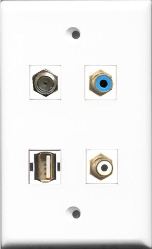 RiteAV 1 Port RCA White and 1 Port RCA Blue and 1 Port Coax Cable TV- F-Type and 1 Port Shielded Cat6 Ethernet Wall Plate