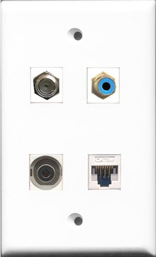 RiteAV 1 Port RCA Blue and 1 Port Coax Cable TV- F-Type and 1 Port 3.5mm and 1 Port Cat5e Ethernet White Wall Plate