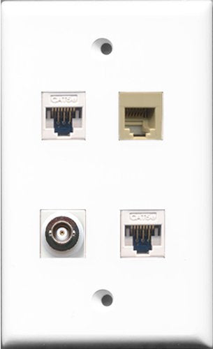 RiteAV 1 Port Phone RJ11 RJ12 Beige and 1 Port BNC 2 Port Cat5e Ethernet White Wall Plate