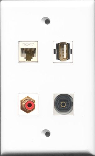 RiteAV 1 Port RCA Red and 1 Port USB A-A and 1 Port Toslink and 1 Port Cat6 Ethernet White Wall Plate