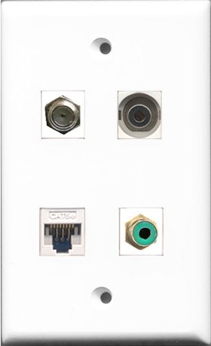 RiteAV 1 Port RCA Green and 1 Port Coax Cable TV- F-Type and 1 Port 3.5mm and 1 Port Cat5e Ethernet White Wall Plate