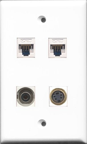 RiteAV - 1 Port S-Video and 1 Port 3.5mm 2 Port Cat5e Ethernet White Wall Plate