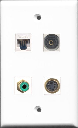 RiteAV 1 Port RCA Green and 1 Port S-Video and 1 Port Toslink and 1 Port Cat5e Ethernet White Wall Plate