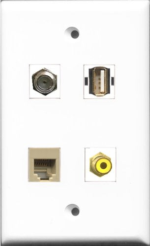 RiteAV 1 Port RCA Yellow and 1 Port Coax Cable TV- F-Type and 1 Port USB A-A and 1 Port Phone RJ11 RJ12 Beige Wall Plate