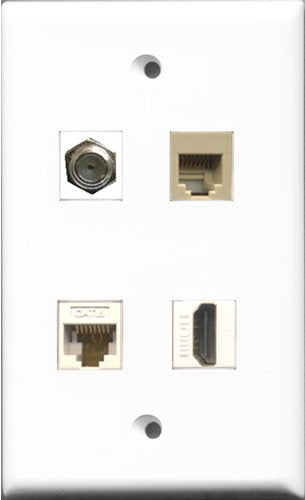 RiteAV 1 Port HDMI and 1 Port Coax Cable TV- F-Type and 1 Port Phone RJ11 RJ12 Beige and 1 Port Cat6 Ethernet White Wall Plate