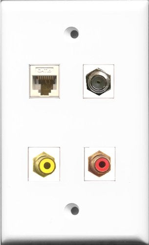 RiteAV 1 Port RCA Red and 1 Port RCA Yellow and 1 Port Coax Cable TV- F-Type and 1 Port Cat6 Ethernet White Wall Plate