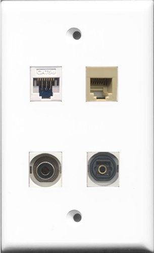 RiteAV 1 Port Phone RJ11 RJ12 Beige and 1 Port Toslink and 1 Port 3.5mm and 1 Port Cat5e Ethernet White Wall Plate