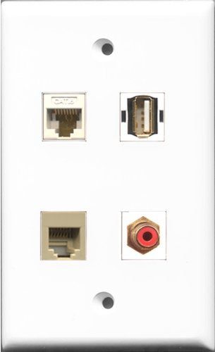 RiteAV 1 Port RCA Red and 1 Port USB A-A and 1 Port Phone RJ11 RJ12 Beige and 1 Port Cat6 Ethernet White Wall Plate