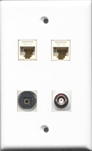 RiteAV 1 Port Toslink and 1 Port BNC 2 Port Cat6 Ethernet White Wall Plate