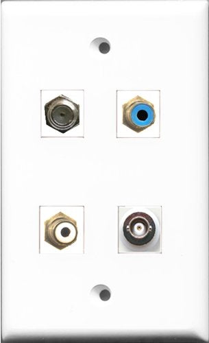 RiteAV 1 Port RCA White and 1 Port RCA Blue and 1 Port Coax Cable TV- F-Type and 1 Port BNC Wall Plate