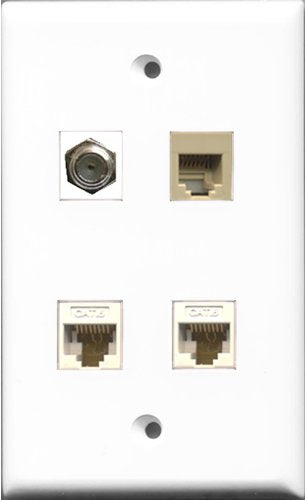 RiteAV 1 Port Coax Cable TV- F-Type and 1 Port Phone RJ11 RJ12 Beige 2 Port Cat6 Ethernet White Wall Plate