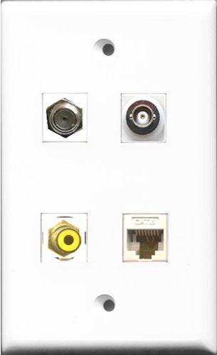 RiteAV 1 Port RCA Yellow and 1 Port Coax Cable TV- F-Type and 1 Port BNC and 1 Port Cat6 Ethernet White Wall Plate