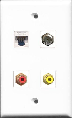 RiteAV - 1 Port RCA Red and 1 Port RCA Yellow and 1 Port Coax Cable TV- F-Type and 1 Port Cat5e Ethernet White Wall Plate