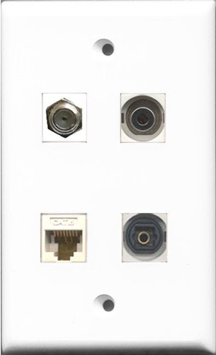 RiteAV 1 Port Coax Cable TV- F-Type and 1 Port Toslink and 1 Port 3.5mm and 1 Port Cat6 Ethernet White Wall Plate