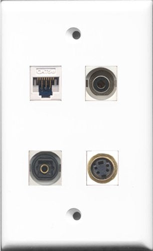 RiteAV - 1 Port S-Video and 1 Port Toslink and 1 Port 3.5mm and 1 Port Cat5e Ethernet White Wall Plate