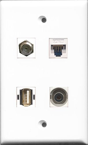 RiteAV 1 Port Coax Cable TV- F-Type and 1 Port USB A-A and 1 Port 3.5mm and 1 Port Cat5e Ethernet White Wall Plate