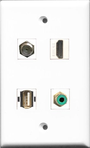 RiteAV 1 Port HDMI and 1 Port RCA Green and 1 Port Coax Cable TV- F-Type and 1 Port USB A-A Wall Plate