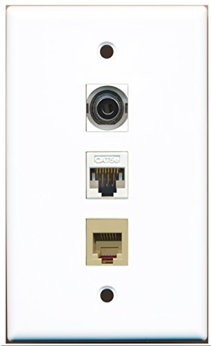 RiteAV - 1 Port Phone RJ11 RJ12 Beige and 1 Port 3.5mm and 1 Port Cat5e Ethernet White Wall Plate