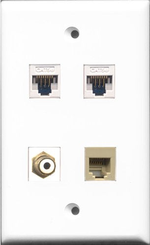 RiteAV - 1 Port RCA White and 1 Port Phone RJ11 RJ12 Beige 2 Port Cat5e Ethernet White Wall Plate