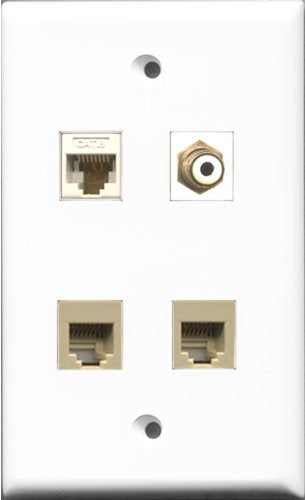 RiteAV 1 Port RCA White 2 Port Phone RJ11 RJ12 Beige and 1 Port Cat6 Ethernet White Wall Plate
