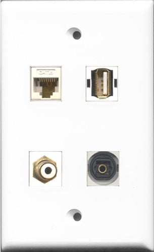 RiteAV 1 Port RCA White and 1 Port USB A-A and 1 Port Toslink and 1 Port Cat6 Ethernet White Wall Plate