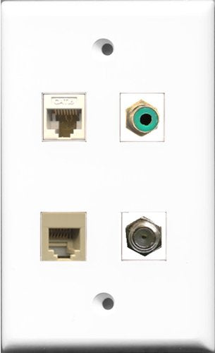 RiteAV 1 Port RCA Green and 1 Port Coax Cable TV- F-Type and 1 Port Phone RJ11 RJ12 Beige and 1 Port Cat6 Ethernet White Wall Plate