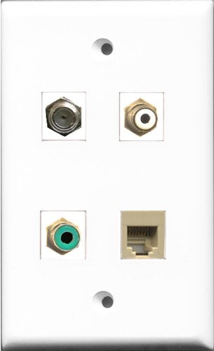 RiteAV 1 Port RCA White and 1 Port RCA Green and 1 Port Coax Cable TV- F-Type and 1 Port Phone RJ11 RJ12 Beige Wall Plate