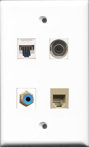 RiteAV - 1 Port RCA Blue and 1 Port Phone RJ11 RJ12 Beige and 1 Port 3.5mm and 1 Port Cat5e Ethernet White Wall Plate