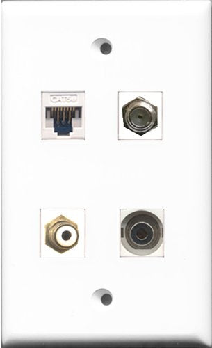 RiteAV - 1 Port RCA White and 1 Port Coax Cable TV- F-Type and 1 Port 3.5mm and 1 Port Cat5e Ethernet White Wall Plate