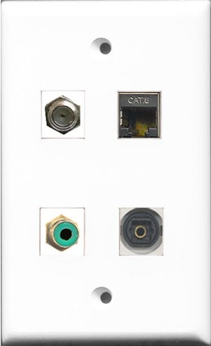 RiteAV 1 Port RCA Green and 1 Port Coax Cable TV- F-Type and 1 Port Shielded Cat6 Ethernet and 1 Port Toslink Wall Plate