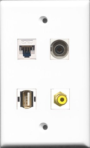 RiteAV - 1 Port RCA Yellow and 1 Port USB A-A and 1 Port 3.5mm and 1 Port Cat5e Ethernet White Wall Plate