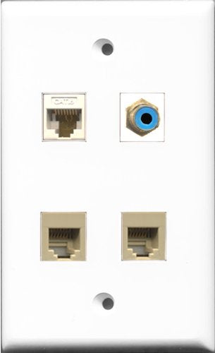 RiteAV 1 Port RCA Blue 2 Port Phone RJ11 RJ12 Beige and 1 Port Cat6 Ethernet White Wall Plate